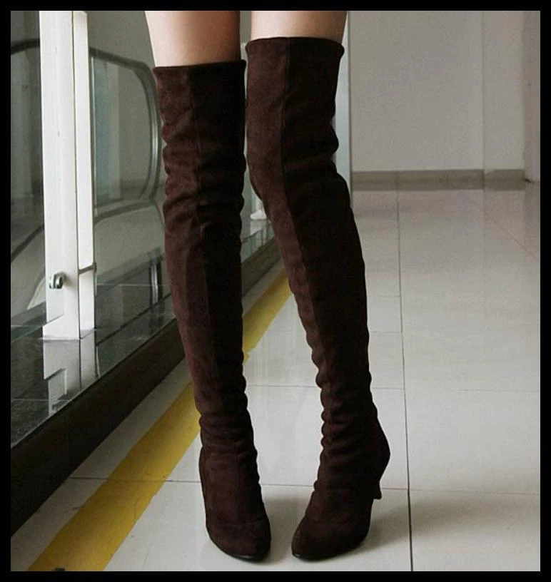 Bota feminina biqueira pontiaguda salto gatinho puxar sobre o joelho camurça falsa coxa alta - Imagem 2 de 4