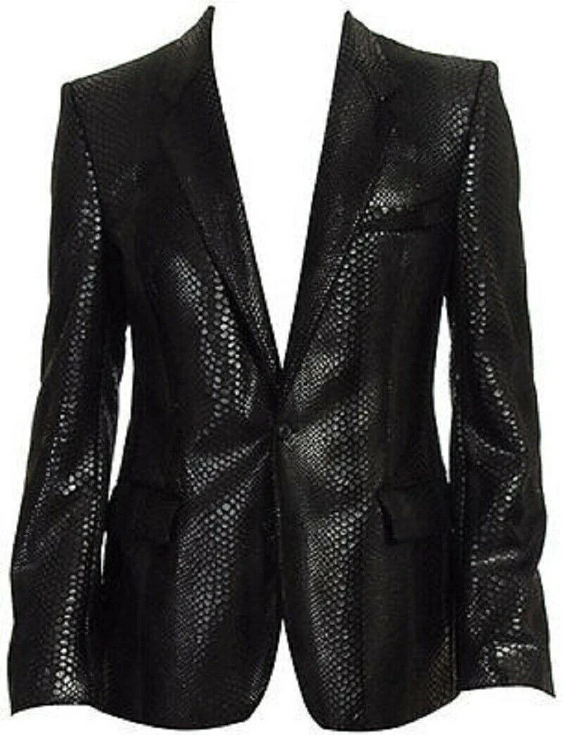 Men's Black Print Leather Blazer 100% Real Lambskin Leather Style Slim FitBlazer