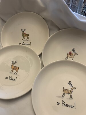 4 RAE DUNN CHRISTMAS Reindeer PLATES Prancer Vixen OVAL MAGENTA Holiday NEW  