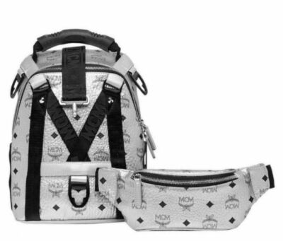$1330 New MCM Backpack Jemison 2 in 1 Silver Coated Canvas