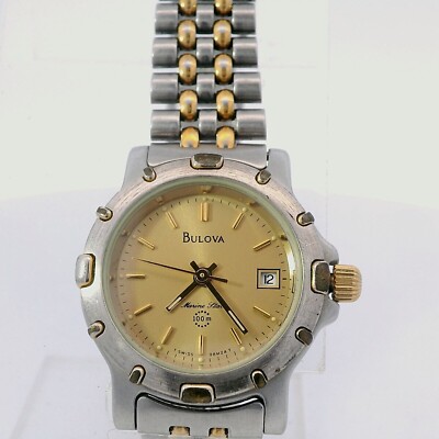 Vintage Ladies Bulova 98M24 Marine Star 100M Two Tone Stainless Gold Dial  Watch
