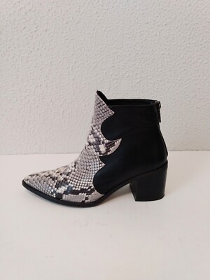 Pedro Anton Black Gray Boa Faux Leather Zip Western Ankle 2 1/2'' Heel Boot 37/6
