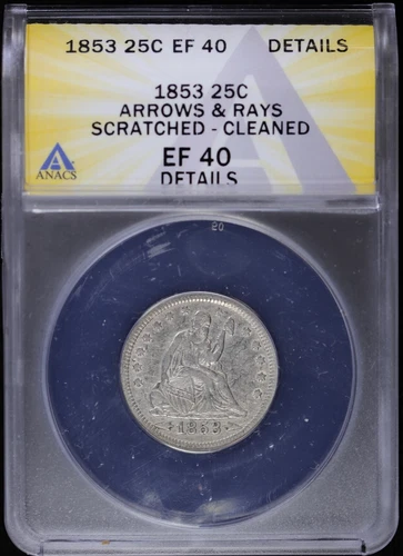 1853 Seated Liberty Quarter 25c ANACS EF 40 Details | Arrows & Rays (XF)