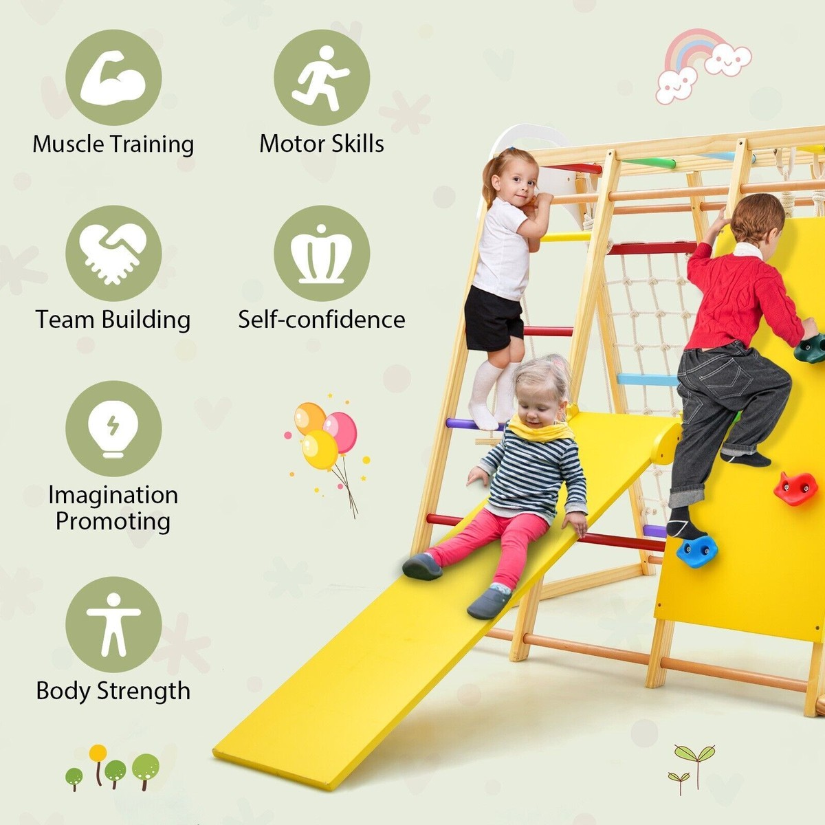 Montessori 8-in-1 Eco Wood Jungle Gym Climber Play Set Slide