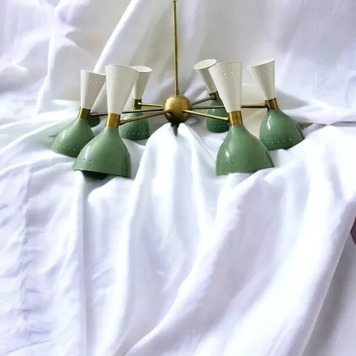 1950's Mid Century Chandelier Brass White Green Sputnik Pendent Urchin Light - Picture 4 of 5