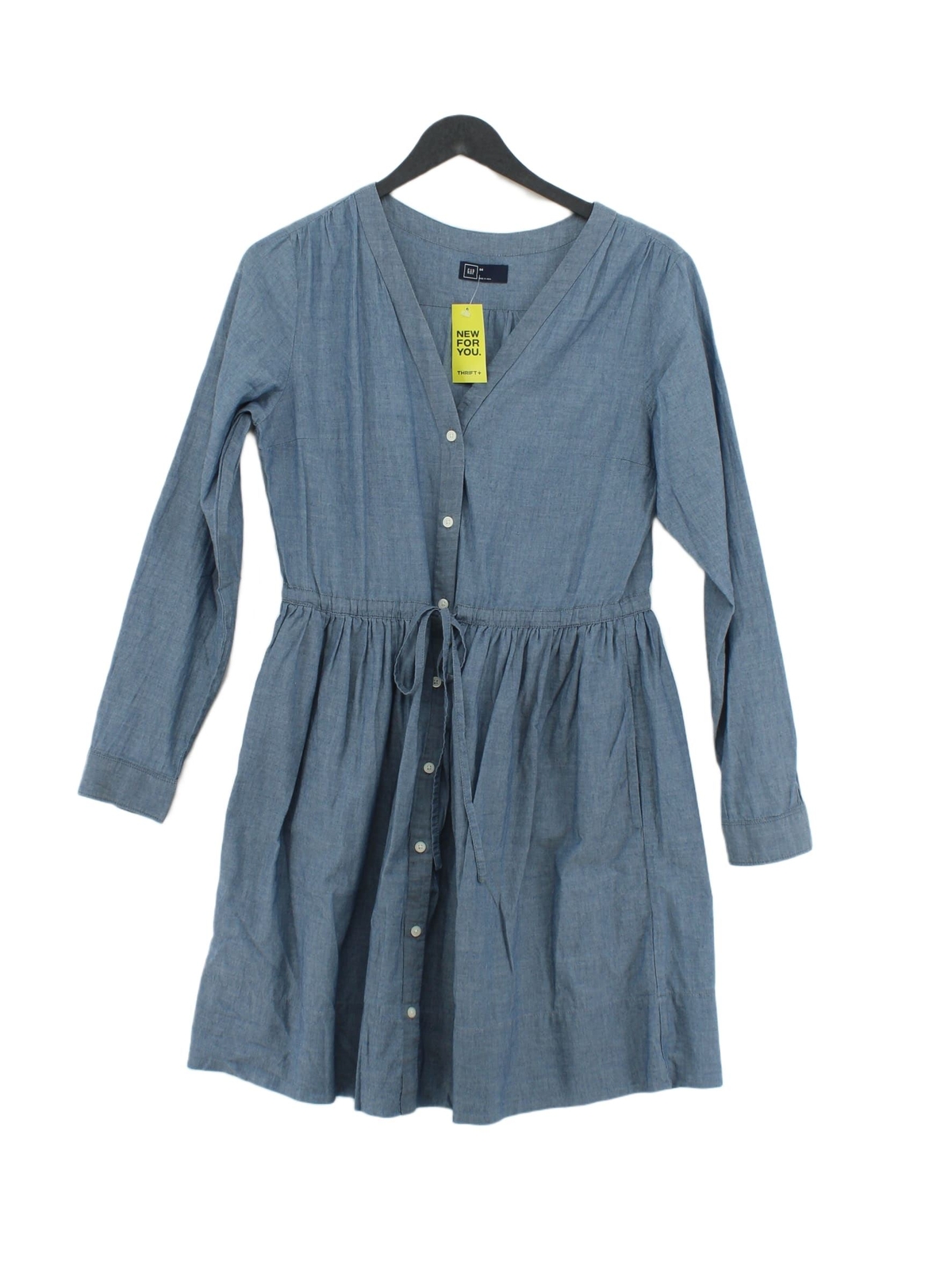 Gap Women's Midi Dress UK 8 Blue 100% Cotton Long Sleeve Midi V-Neck A-Line