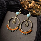 Retro Ethnic Big Round Hollow Turquoise Drop Dangle Clip-On Women Girl Earrings