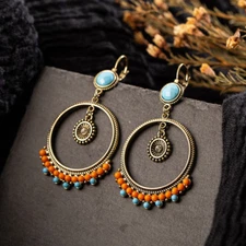 New Vintage Ethnic Big Round Hollow Turquoise Drop Dangle Clip-On Women Earrings