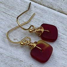Min Favorit Wine / Amber Sea Glass Square Gold Pl Artisan Earrings Petite