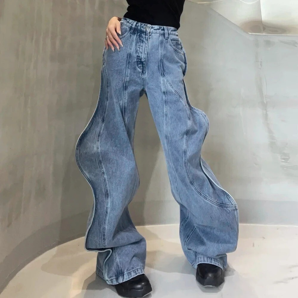 Wave Design Spliced Button Jeans Women High Waist Patchwork Wave Design Spliced Button Jeans Women High Waist Patchwork
