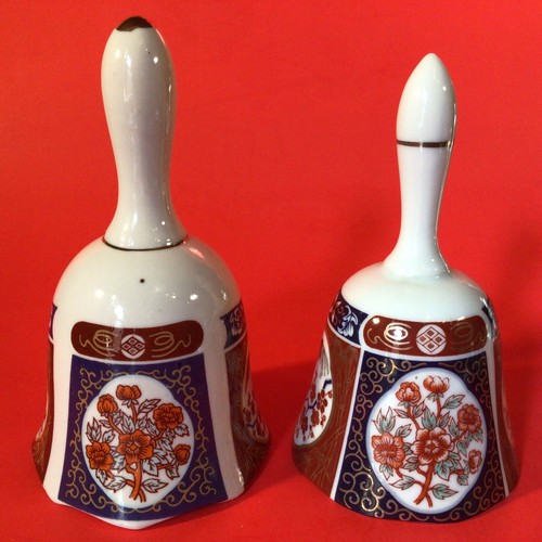 IMARI STYLE PORCELAIN BELL SET OF 2 FLORAL BIRDS CHERRY BLOSSOMS GOLD TRIM