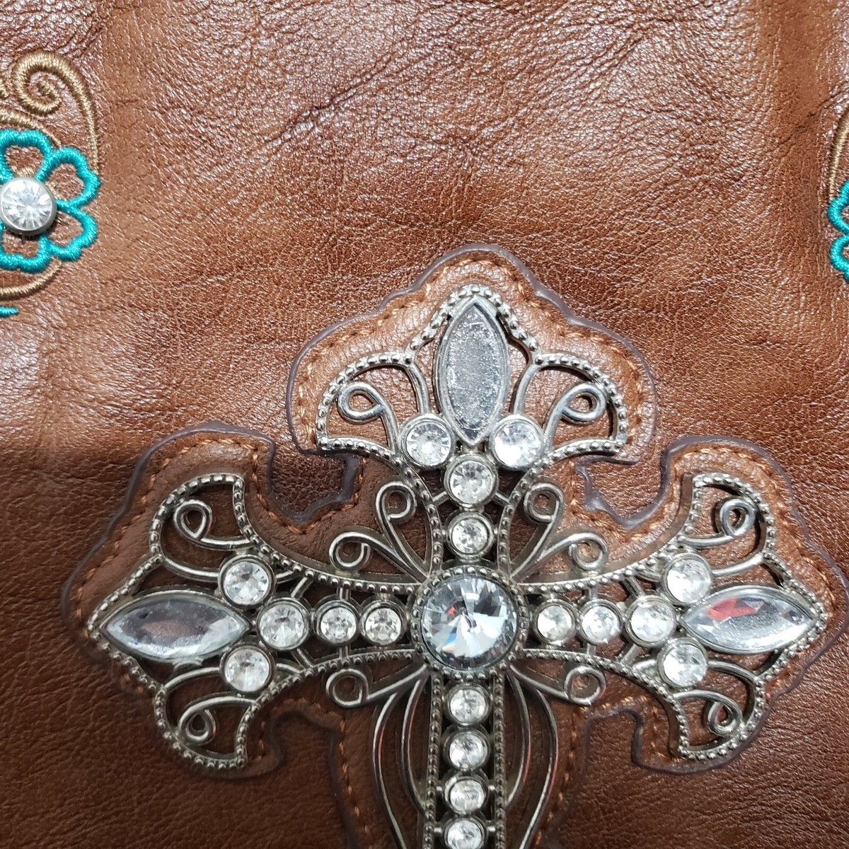 Faux Leather Backpack with Cross Embellishment and Studded Straps Brown Vegan Leather Backpack Rhinestone Cross Studded  main image 2