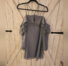 New Mini womens Blue gray dress lace ruffle detail size Large cold shoulder 