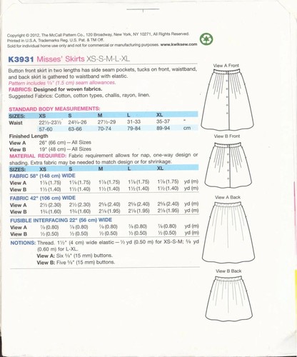Kwik Sew K3931 Misses Skirts Sewing Pattern XS-XL Gathered Waist - Picture 3 of 3