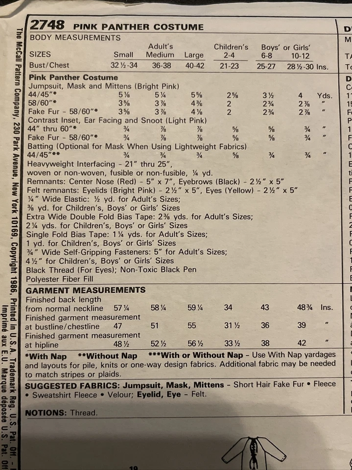 McCalls Pattern Pink Panther Costume Large Adult Precut 2748 Vintage 1986 - Image 3 of 4