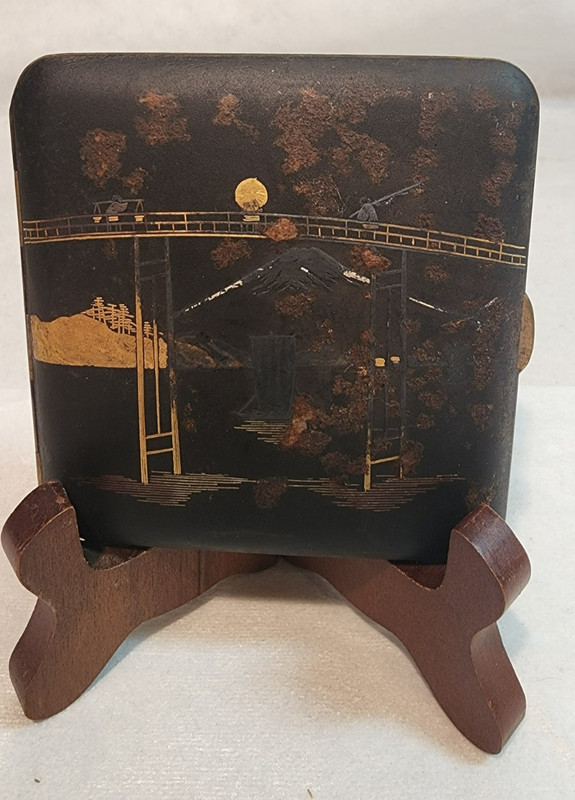 Vintage Japanese Komai Damascene Cigarette Case Mt Fuji River Bridge boat K24
