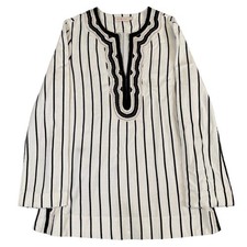Tory Burch Striped Linen Embroidered Tunic Top Cream Black Gold Size 8
