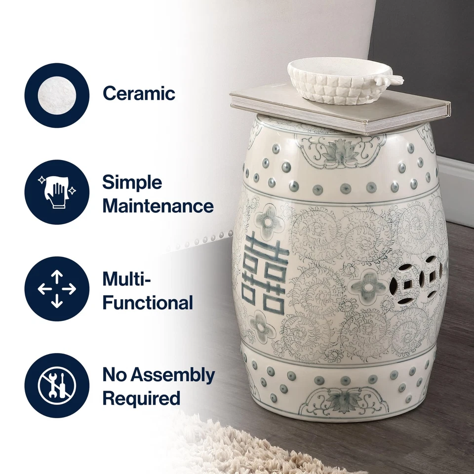 18 Inch Gray Blue White Ceramic Garden Stool For Indoor Outdoor Use - Image 4 of 4