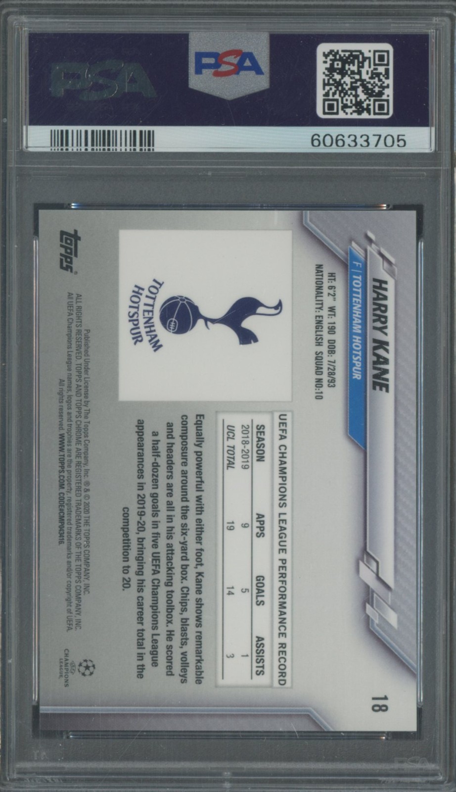 2019-20 Topps Chrome UCL Soccer Sapphire Edition #18 Harry Kane PSA 10 GEM MINT view 2