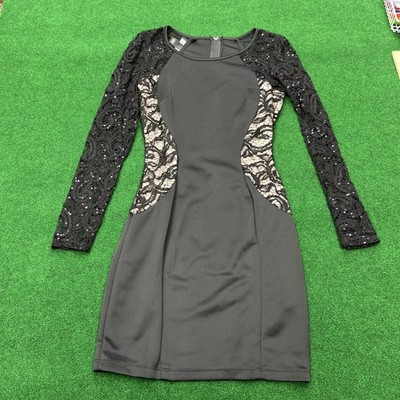 BCX Black Sequin Crochet Lace Long Sleeve Mini Sheath Dress Womens Size 1