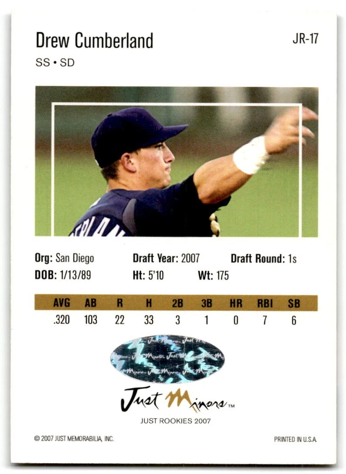 2007 Just Minors Just Rookies #JR-17 Drew Cumberland Autographs San Diego Auto - Image 2 of 2