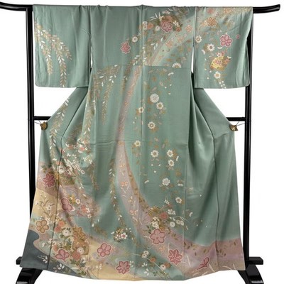 Japanese Silk Houmongi Kimono M 167cm Light green Grass and flowers Cypress fan