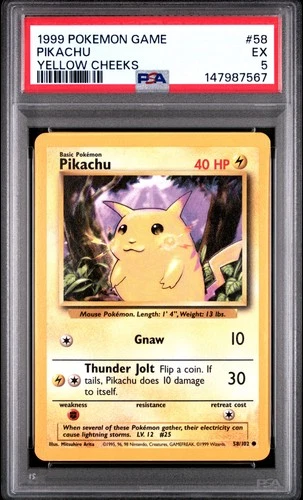 1999 POKEMON BASE SET UNLIMITED YELLOW CHEEKS #58 PIKACHU PSA 5