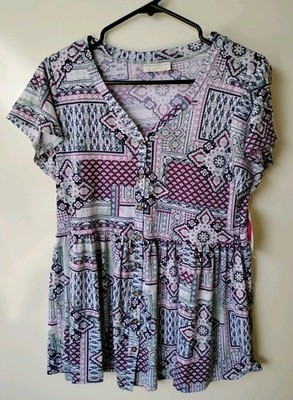BOBBIE BROOKS Purple Green Ladies Short Sleeve Babydoll Blouse Medium NEW