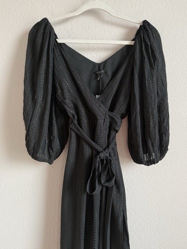 Ann Taylor Women’s Black Metallic Stripe Midi Wrap Dress Puff Sleeve Size 0P New - Picture 8 of 19
