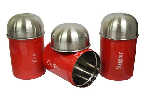 3pcs Red Stainless Steel Dome Canister Tea Coffee Sugar Kitchen Storage Set - Picture 2 of 5