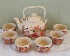 Vintage Hand Painted Japanese Tea Set Geisha Scene Teapot 6 cups Wicker Handle