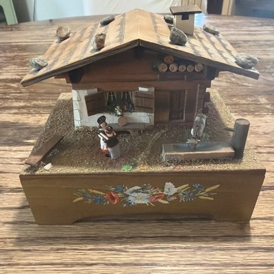 Vintage German Chalet Music Box  Cloches de Corneville  Animated Moving Figures