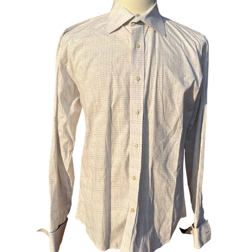 Camisa de vestir Takumi Japón a cuadros puños franceses ribete de cachemira manga larga talla L blanca Foto 2 de 4