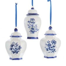 New Kurt Adler Set Of 3 Indigo Blue Porcelain Ginger Jar Ornaments J7464 MWT