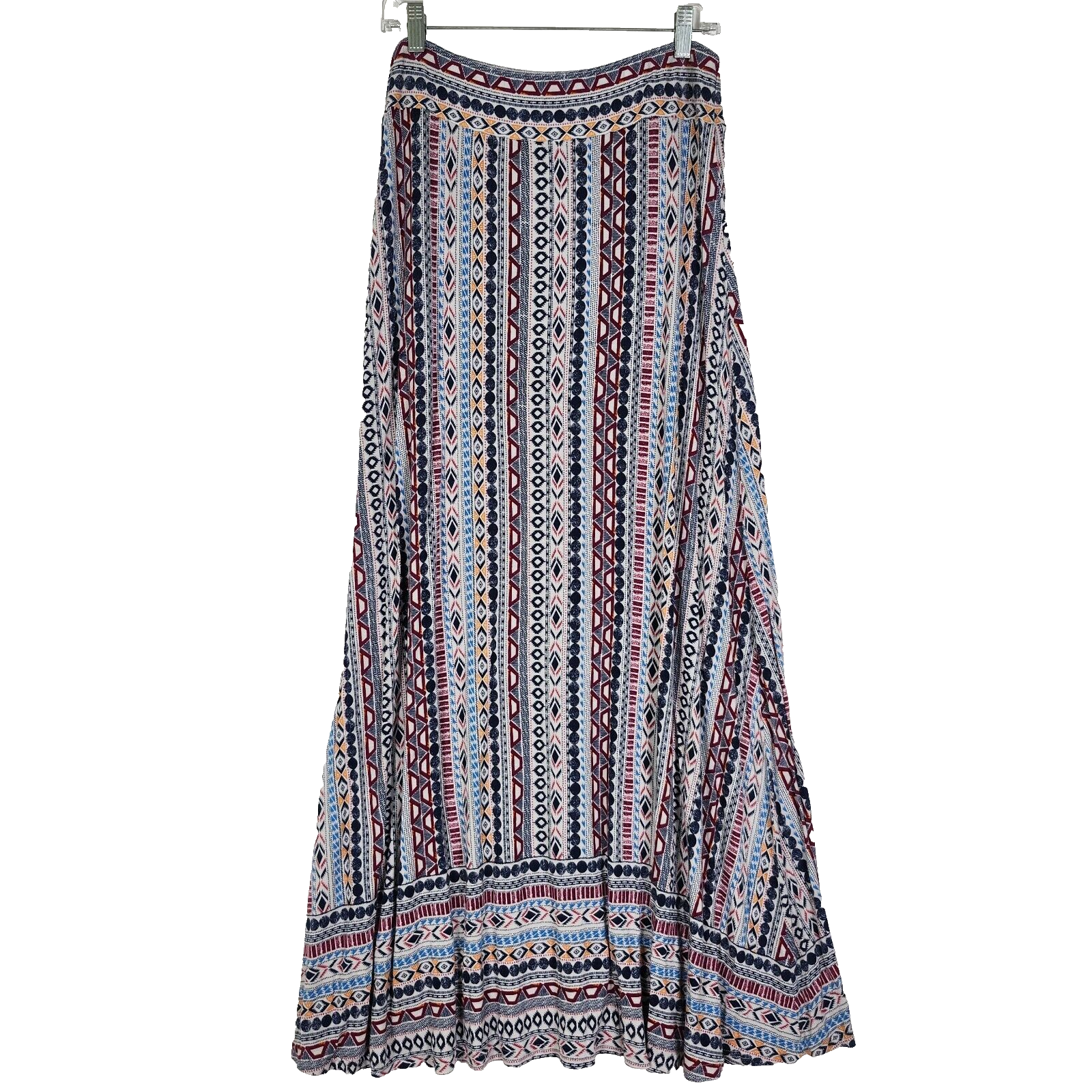 Hannah Maxi Skirt Womens L Pull On Flare Stretch Waist  Blue Aztec Boho Beachy-image