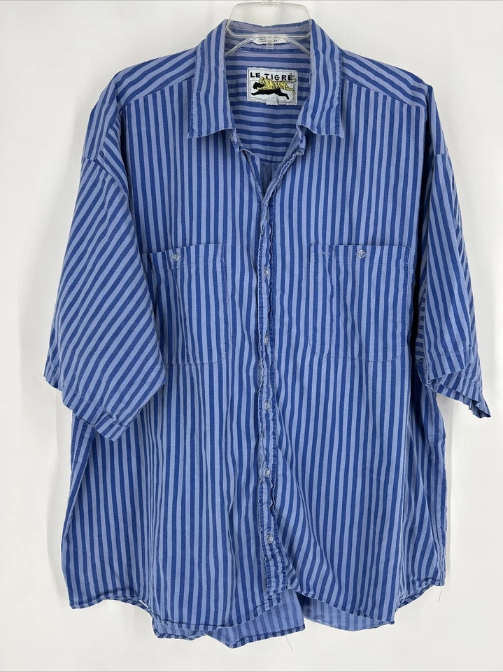 Vintage LE TIGRE Men's 2X Short Sleeve Blue Striped Button Down Shirt Made USA - Image 2 of 4