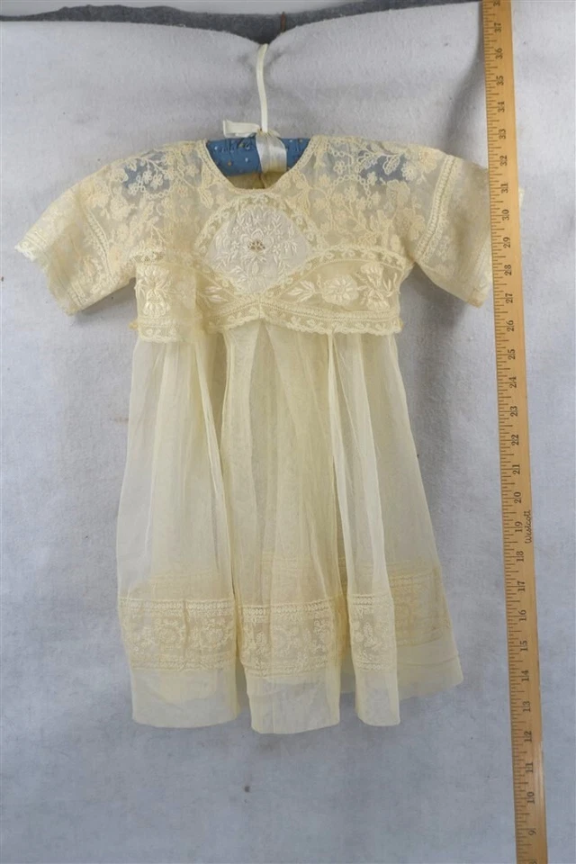 antique dress Edwardian girls 1890 fancy net lace ivory handmade original best - Image 2 of 4