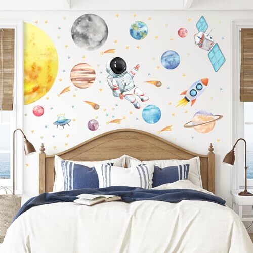 Space Astronaut Spacecraft Wall Decals - Watercolor Solar System Wall Stickers - Picture 2 of 8
