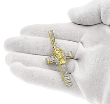 0.50 cttw Diamond Cross Jesus Head Pendant Mens Charm 10k Yellow Gold 2.2 inch