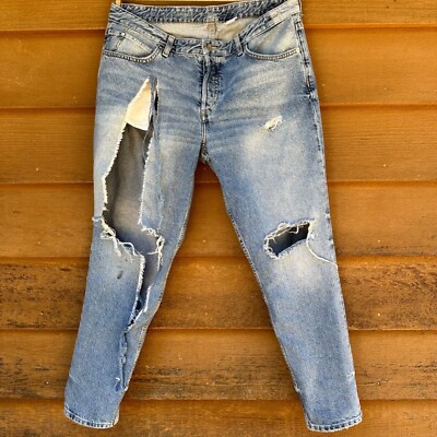 & Denim Boyfriend Fit Destroyed Taille Basse Light Blue Jeans Size 10