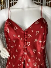 VTG Kathryn Lingerie Women's Large Chemise Red Satin w Heart Motif Button Front