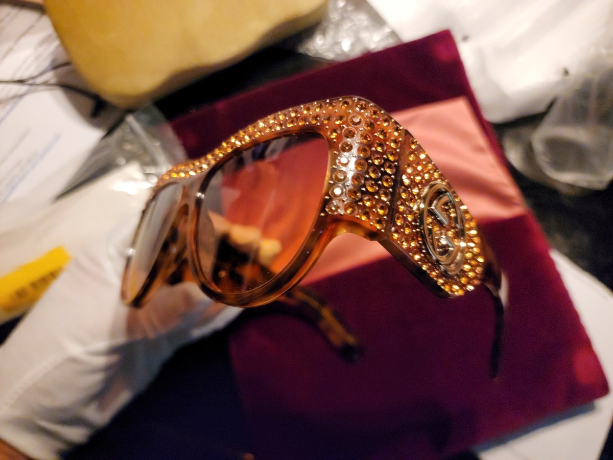 GUCCI HOLLYWOOD FOREVER GG0144S 56MM SUNGLASSES Gucci Sunglasses GG0144S 004 Oversized Ivory Frames Iced Out  main image 2