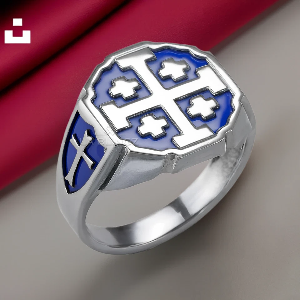 Sterling Silver Blue Enamel Jerusalem Cross Octagon Signet Ring for Men - Image 3 of 4