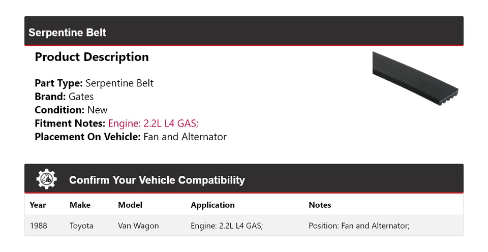 Ventilador de correa serpentina de gas y puertas del alternador para Toyota Van Wagon 1988 2,2 L L4 Foto 2 de 4