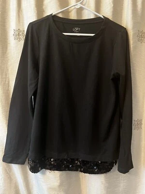 Nwot Loft Womens Black Twofer Sweater Sweatshirt Sequin Hem Size Large - Image 1 of 3