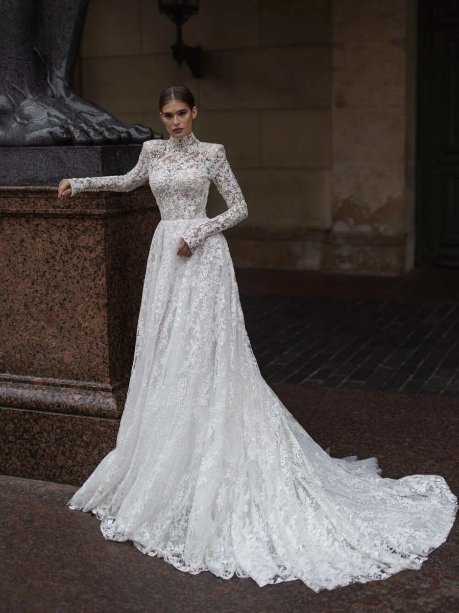 Elegant High Neck Long Sleeve Wedding Dress Beads Graceful