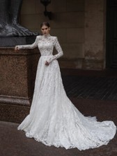 Elegant High Neck Long Sleeve Wedding Dress Beads Graceful Appliques Bridal Gown