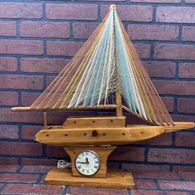 Vintage String Art Sailboat Clock Wooden Nautical Sculpture