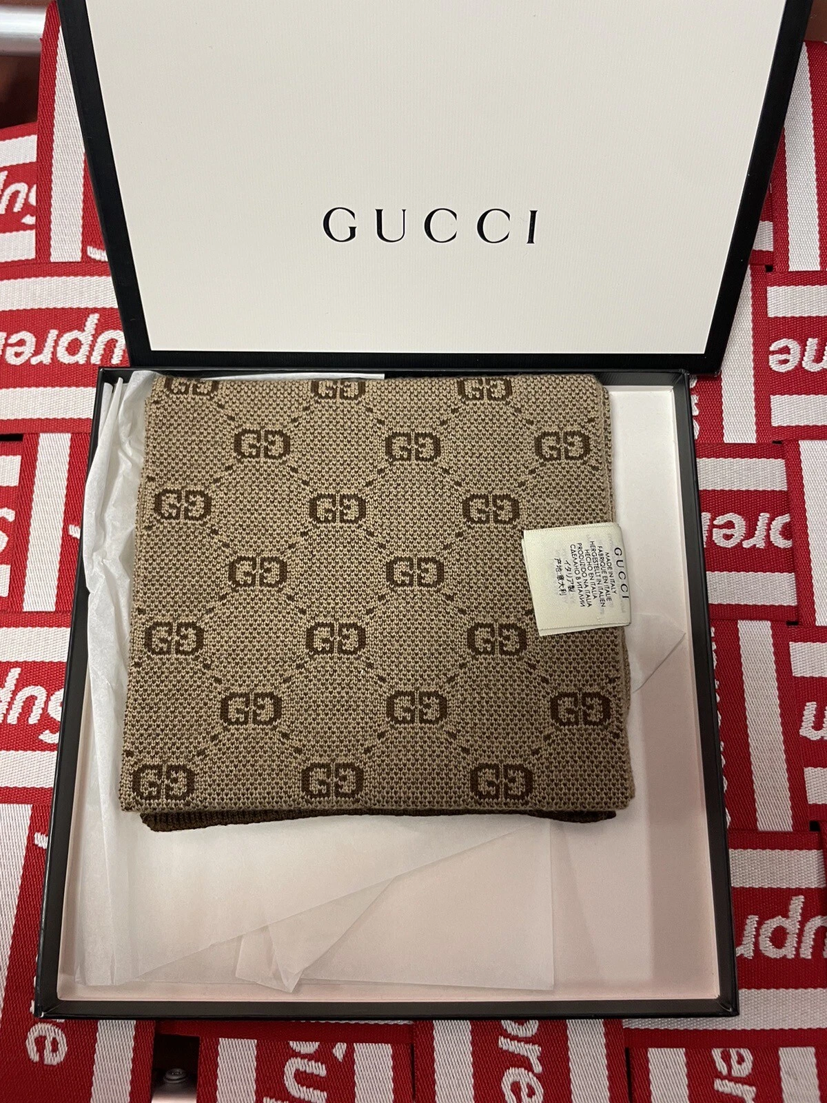 ÉCHARPE EN LAINE TRICOT RÉVERSIBLE MOTIF GUCCI JACQUARD MARRON ~ RARE 16 x 140 cm