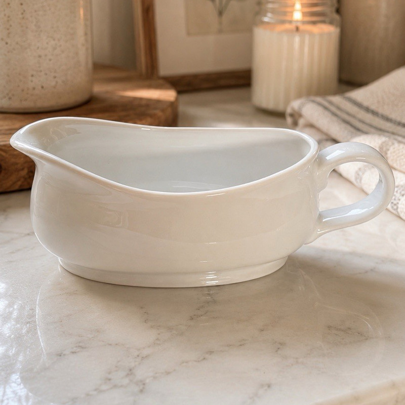 White Ceramic Gravy Boat w/ Handle, 24 oz Farmhouse Oval Glossy Solid